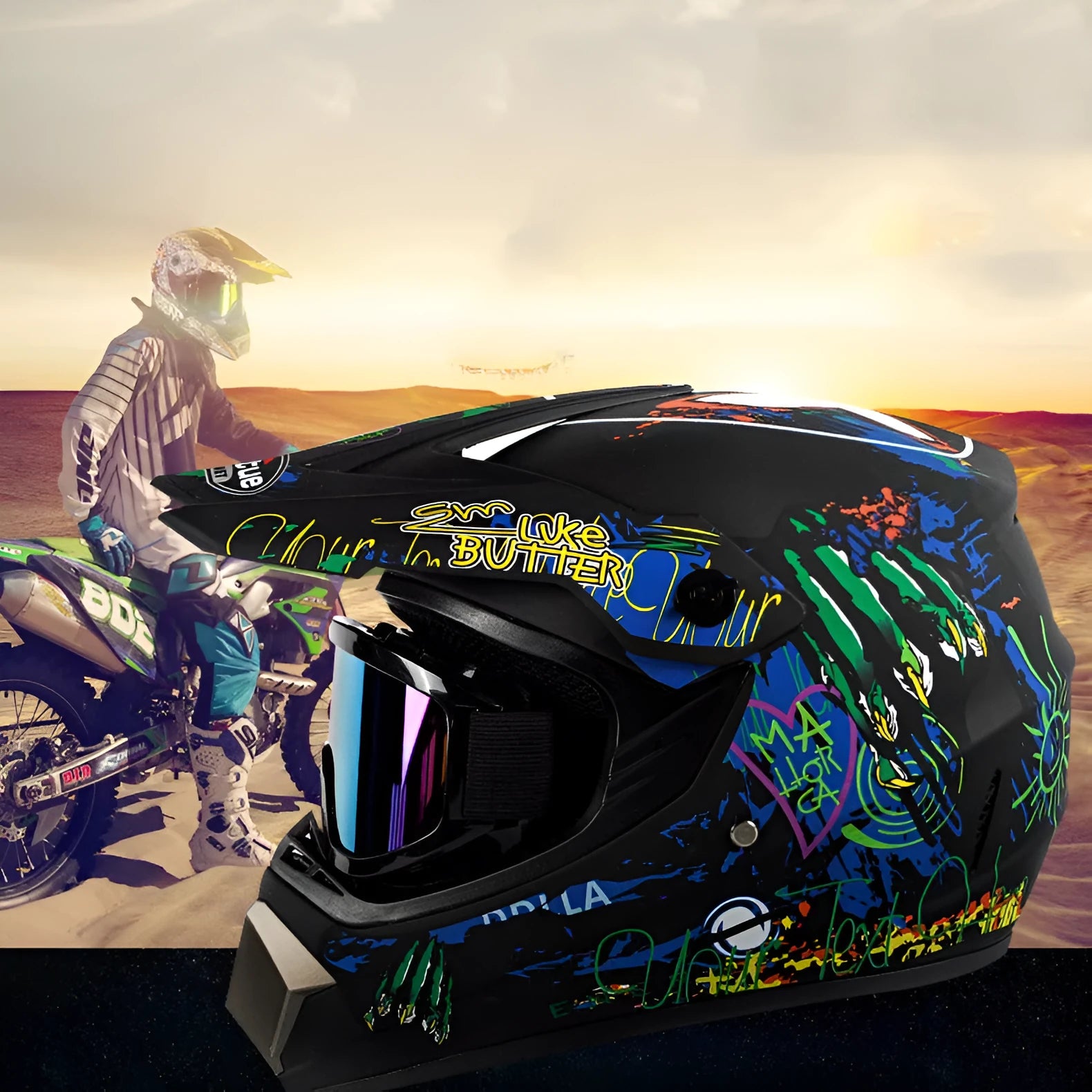 ABS cross-country helmet for kart and motorcycle use in Bright Black Green Boy colour
