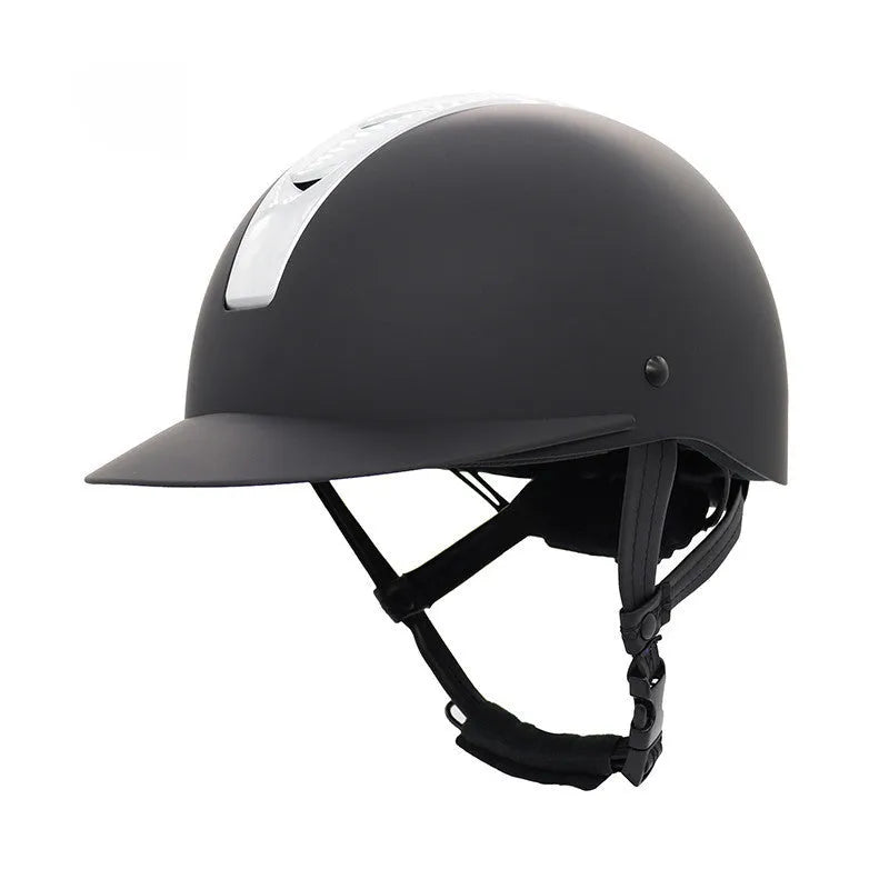 Lightweight black and silver equestrian riding helmet on a white background.