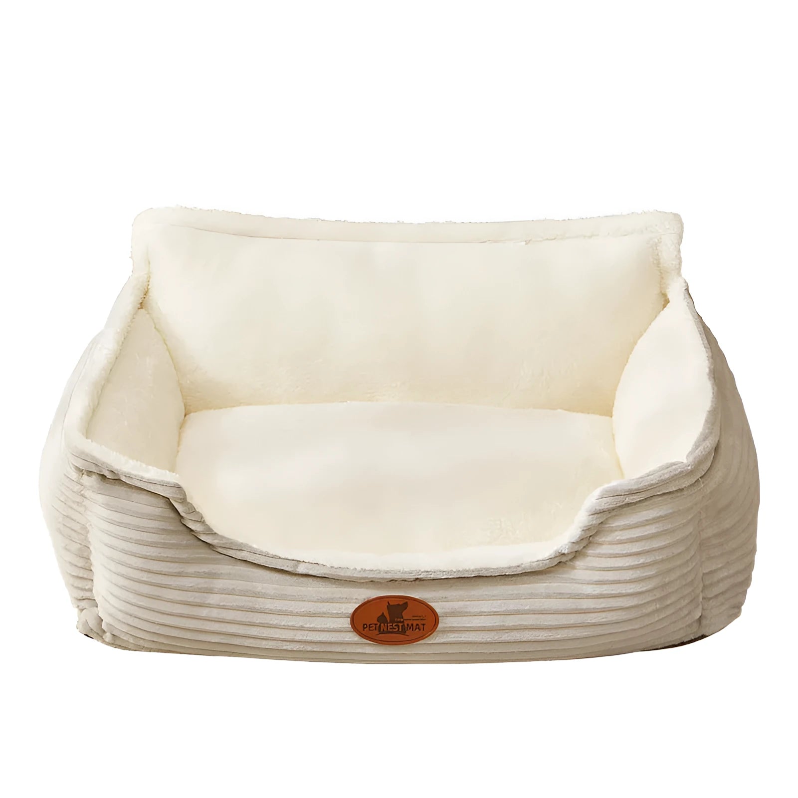Coffee and white coloured removable washable dog kennel bed shown in small and medium sizes on a sofa and floor.