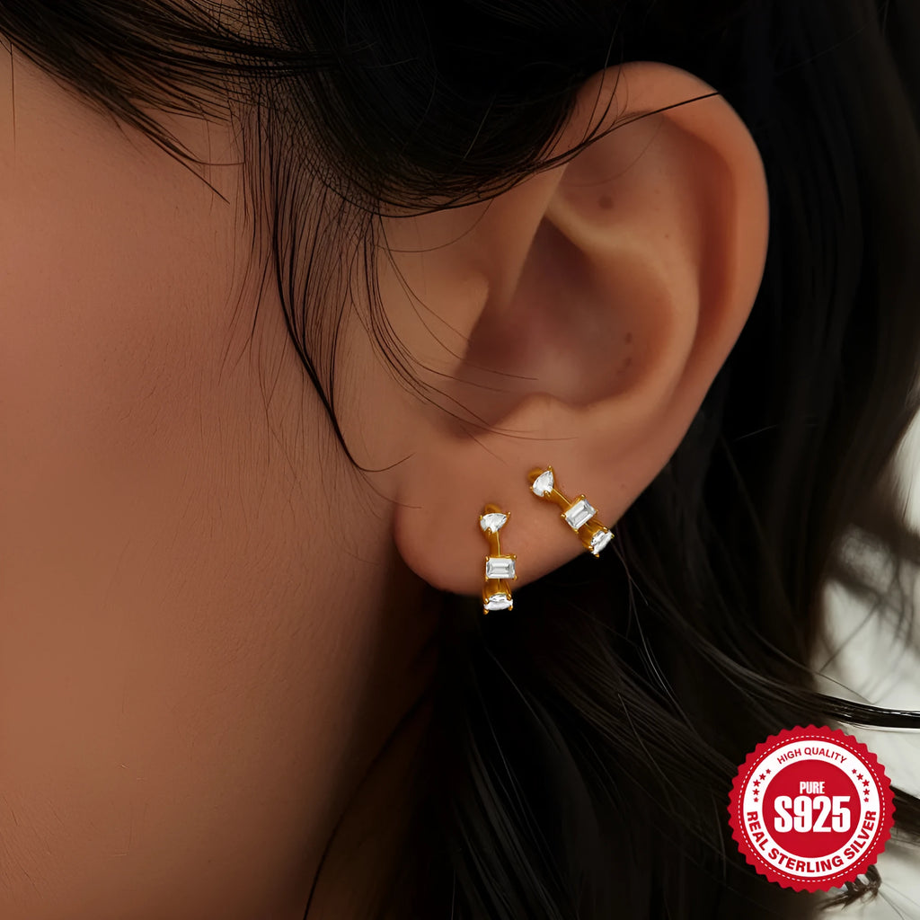 Small round geometric sterling silver stud earrings with a diamond pattern, available in gold or silver colour.