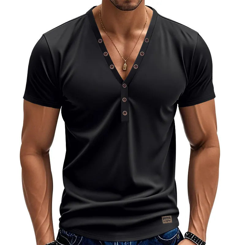 Men's loose thin V-neck pullover top in a solid colour with button detail