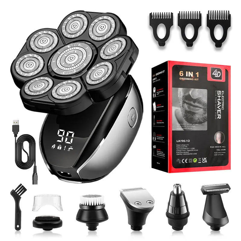 Black 6-in-1 rechargeable multifunctional hair clipper kit with attachments laid out