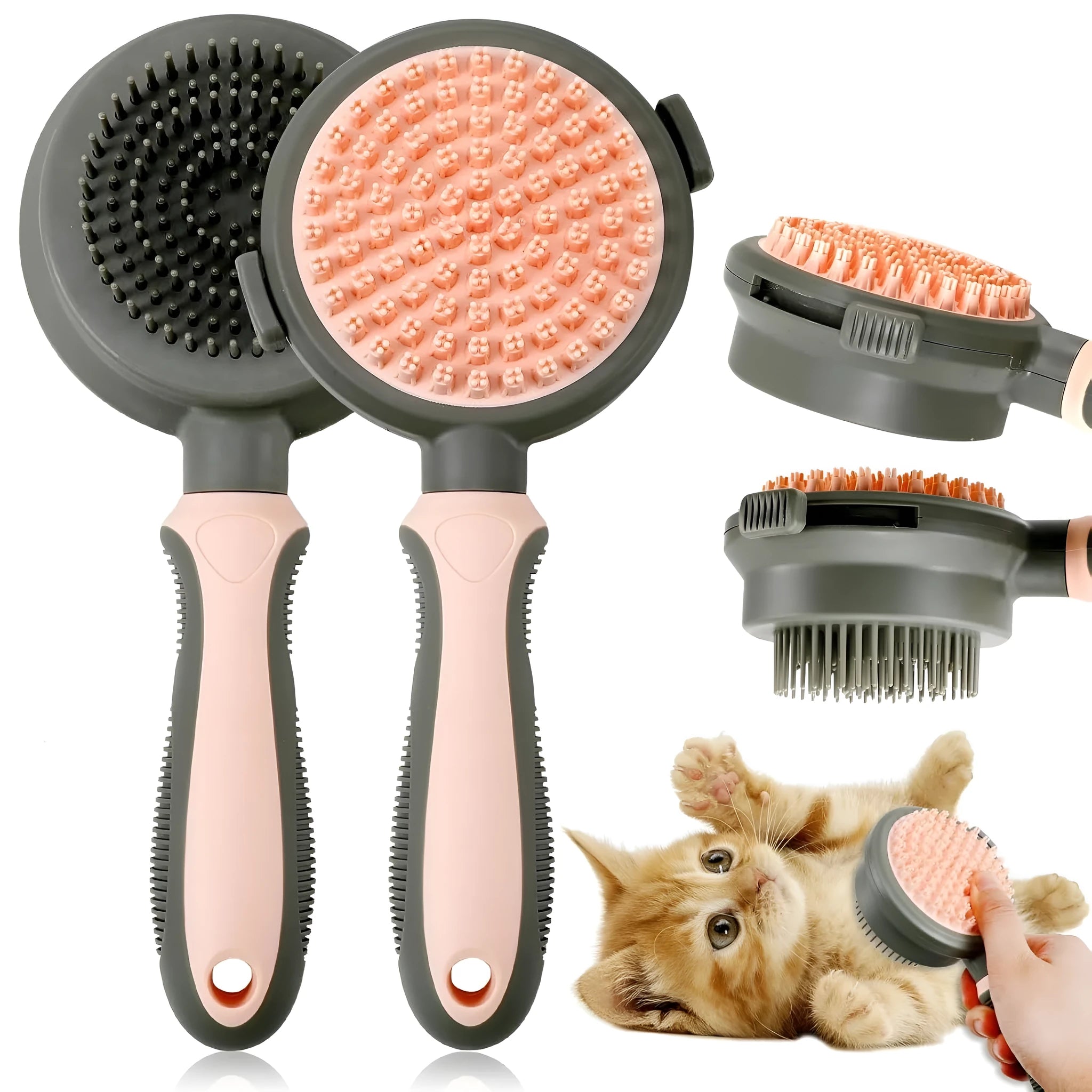 Green and pink double-sided cat brush with a release button and flea comb for grooming.