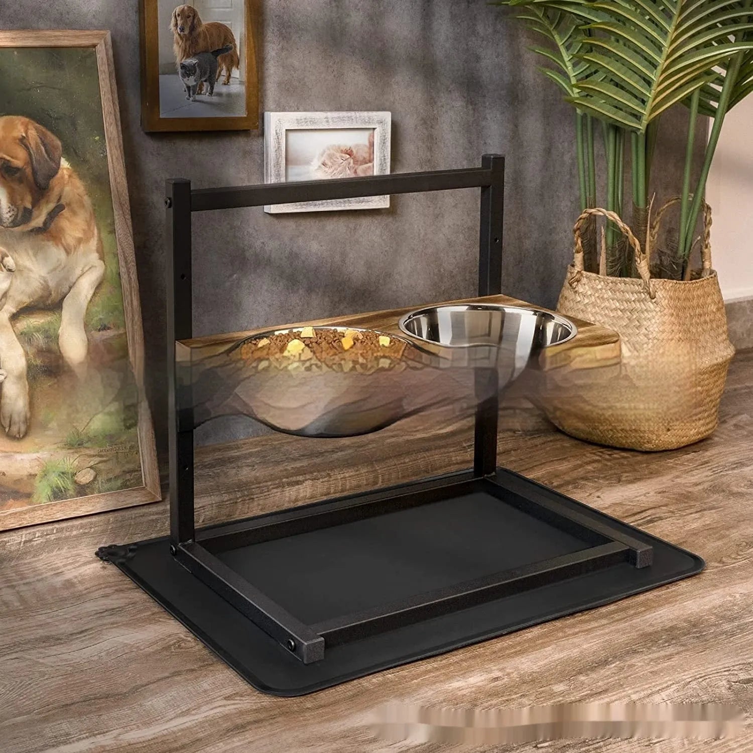 Black iron raised dog food and water bowl stand with separate cushions