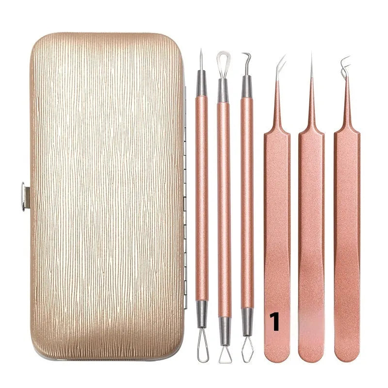 Six-piece stainless steel acne remover beauty tool set in rose gold