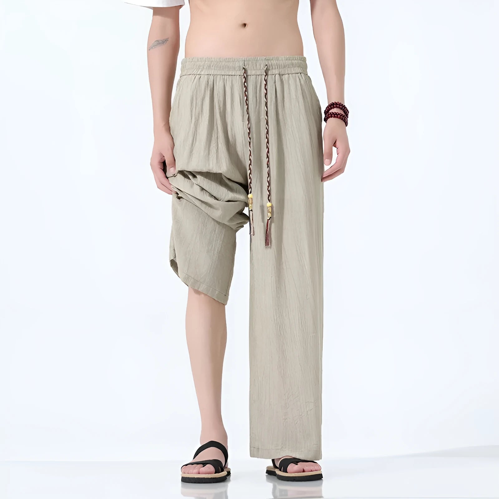 National Style men's straight-leg wide trousers in black, breathable bamboo spandex fabric