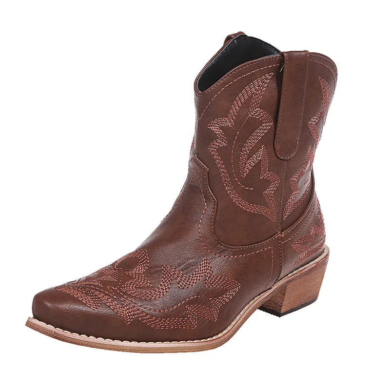 Women's blue embroidered cowboy boots with wedge heel and pointed toe
