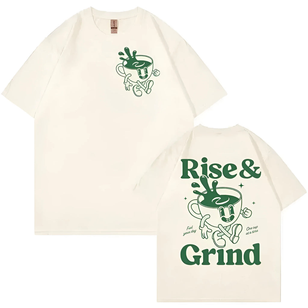 Men's loose fit black t-shirt featuring a green 'Rise and Grind Green Coffee' cartoon graphic print.