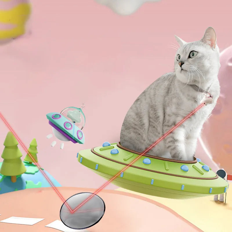 Green automatic cat collar laser toy showing dimensions and USB charging port