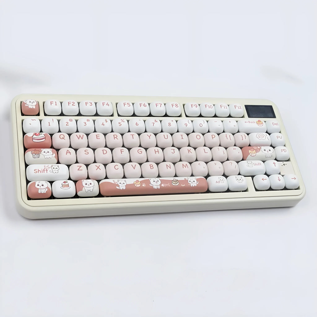 Set of colourful cartoon dessert cat themed key caps for mechanical keyboards on a white background.