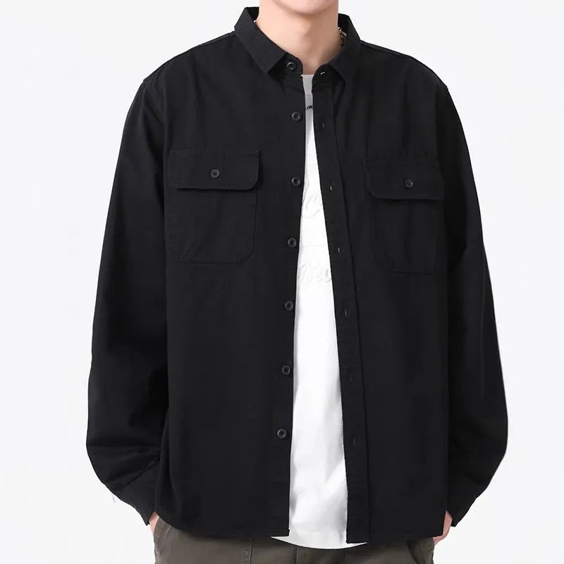 Men's loose long sleeve cardigan shirt in light grey, black, khaki, or green.