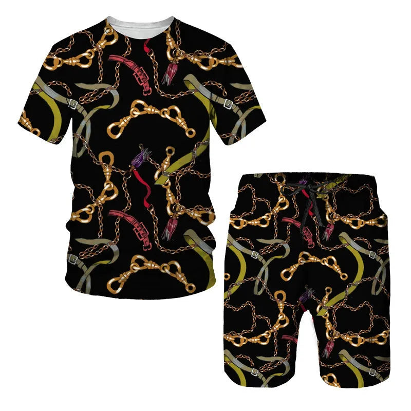Chain pattern digital printed short sleeve T-shirt and shorts suit set in polyester fabric