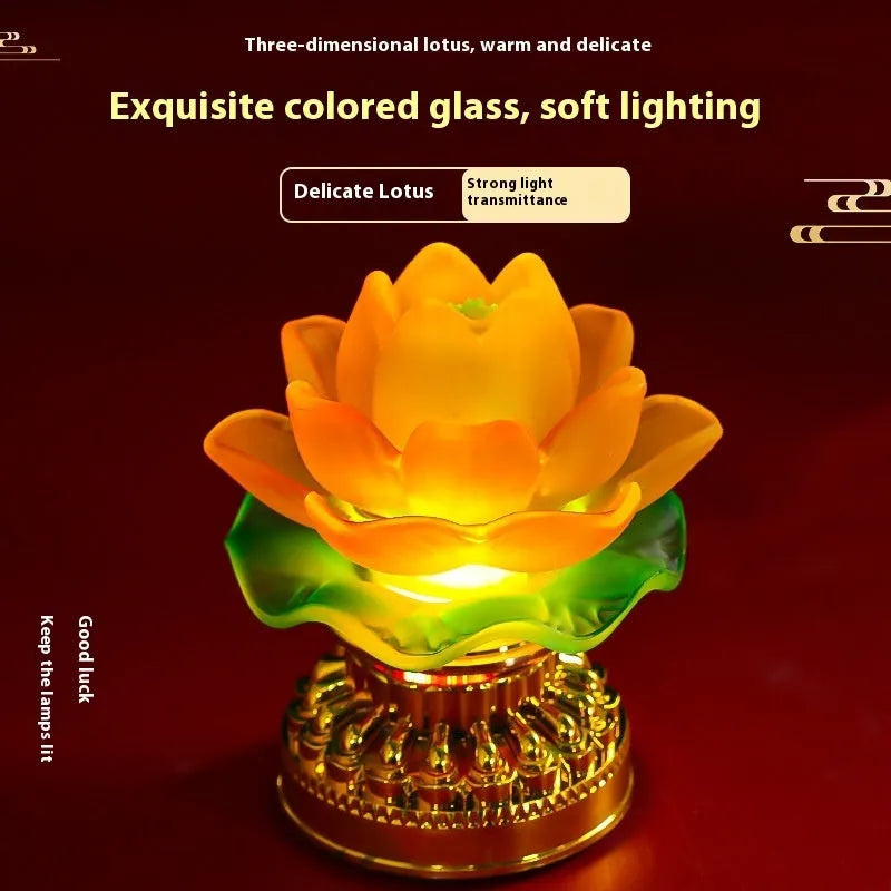 Yellow Chinese-style lotus lamp for Buddha altar decor in flower bud or flowering form