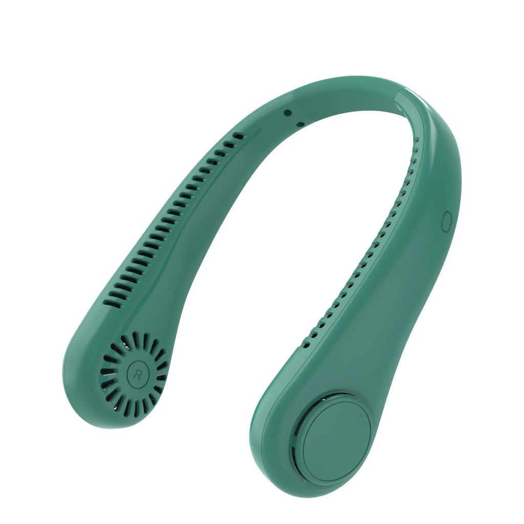 White portable neck fan hanging around neck with bladeless design and decentralised air outlet