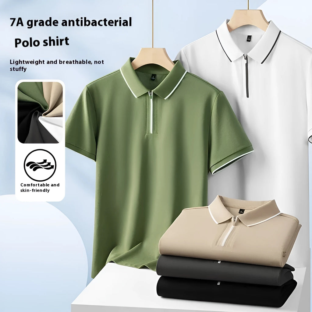 Men's solid colour short sleeve polo shirt in long-staple cotton showing regular fit and zipper detail
