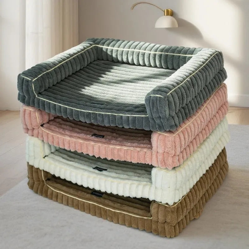 Kennel stripe dehaired angora removable pet bed with corduroy cushion in white for dogs, available in 75x50, 100x75, 120x75 cm sizes