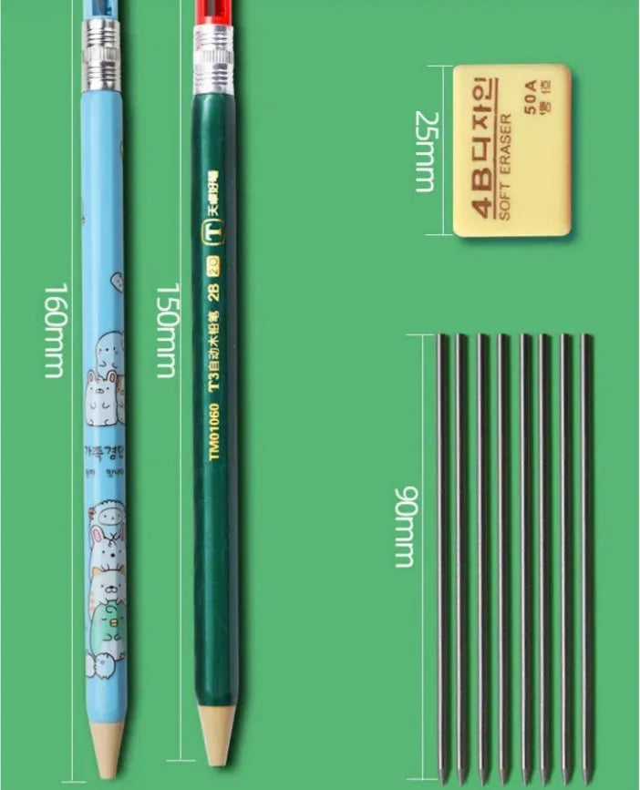 Children's cartoon mechanical pencil with replaceable 2B cores and plastic construction