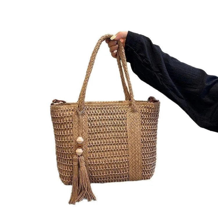 Khaki and milky white woven straw women's crossbody shoulder bag with large capacity