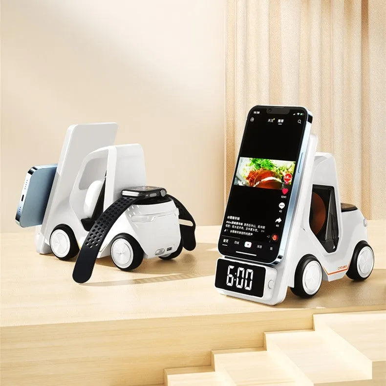 Grey three-in-one wireless charging stand holding a phone, earphones and a smart watch.