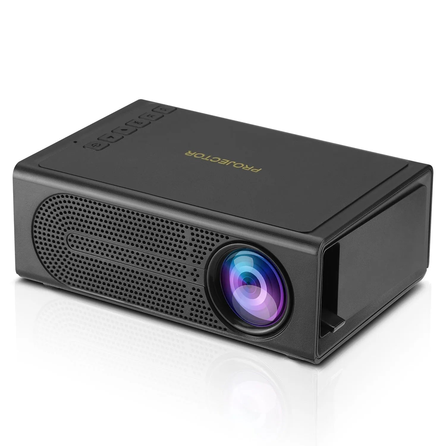 Black and white portable mini projector with wired mobile phone connectivity and 320x240 resolution display