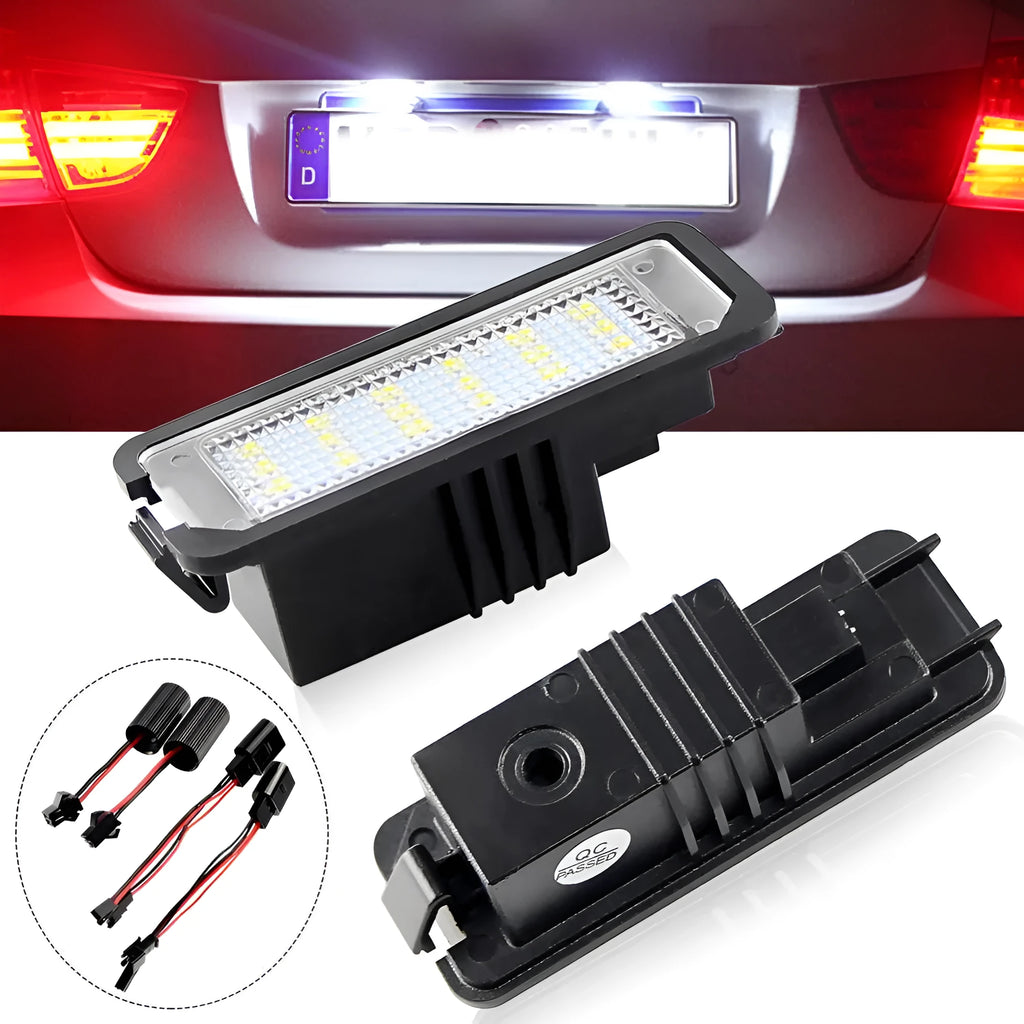 Pair of white LED license plate light bulbs for Volkswagen Golf, Polo, and Phaeton models.