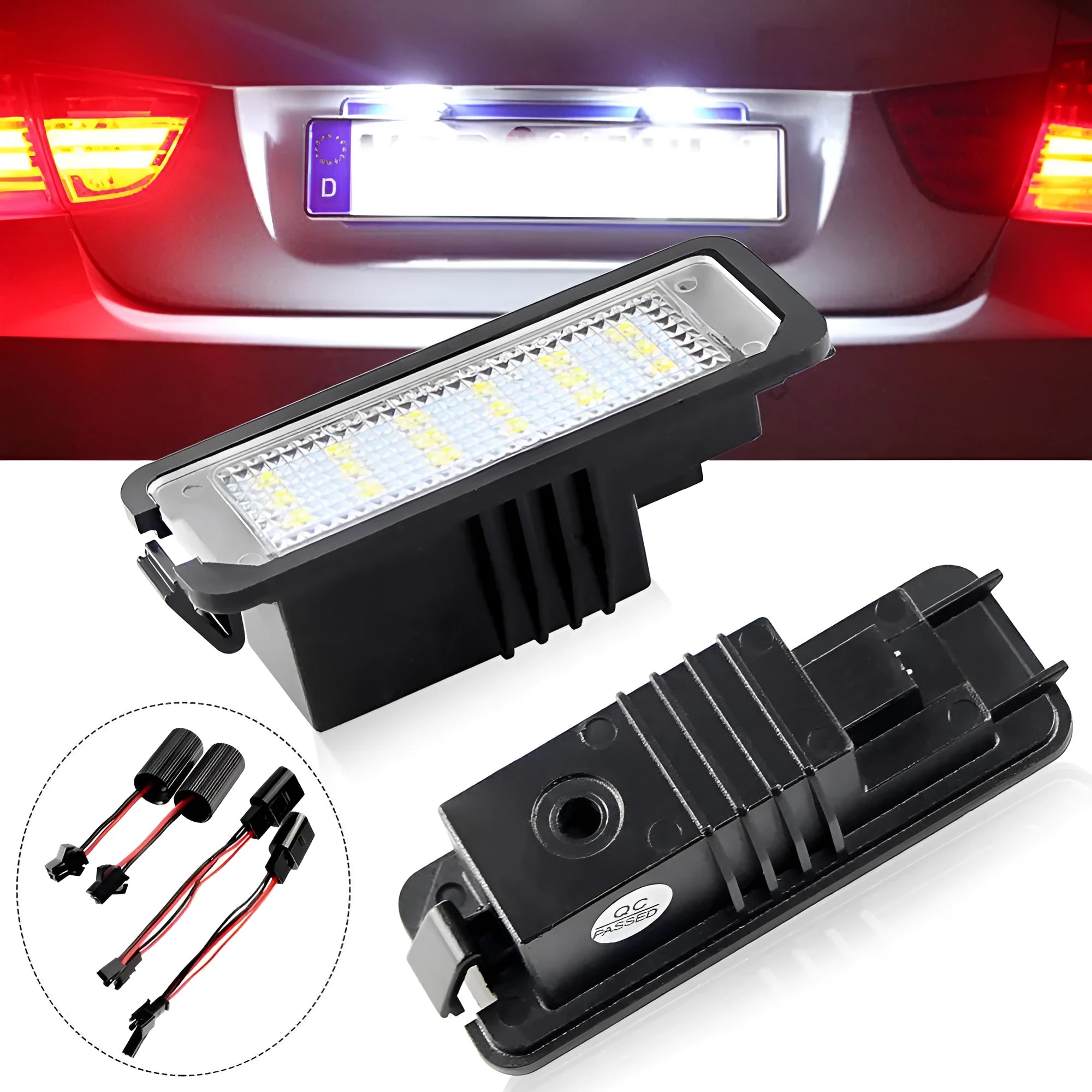 Pair of white LED license plate light bulbs for Volkswagen Golf, Polo, and Phaeton models.
