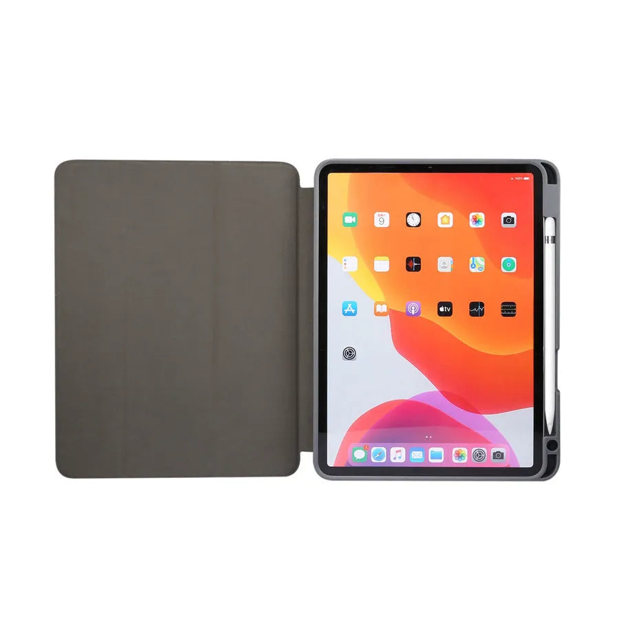 Tri-fold marbling design imitation leather iPad case with a built-in pen slot.