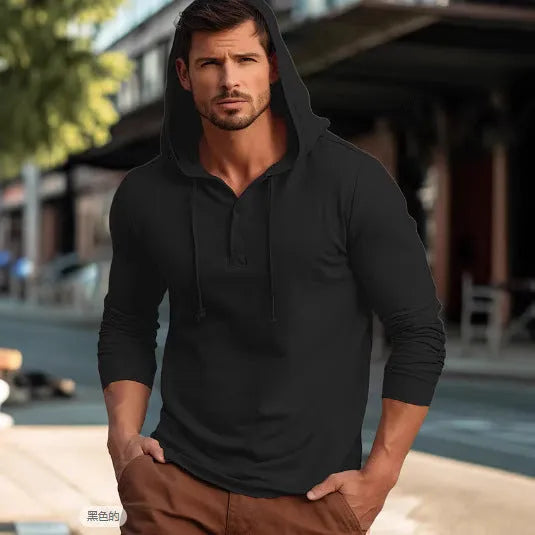 Men's cotton pullover hoodie in dark blue, apricot, black, blue, white or light green colours with long sleeves