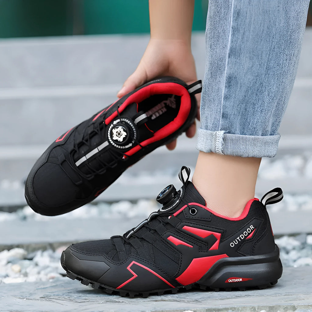 Men's beige lightweight hiking shoes with an elastic band closure and rubber sole.
