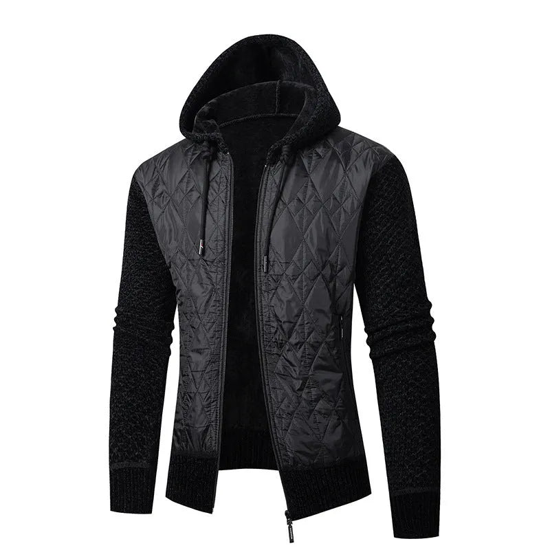 Men's grey hooded corduroy sweater coat with cinched waist on a hanger.