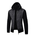 Men's grey hooded corduroy sweater coat with cinched waist on a hanger.