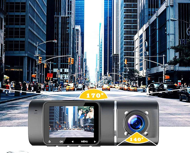 Standard black 1080p dashcam car camera with screen, shown with car charger and stand.