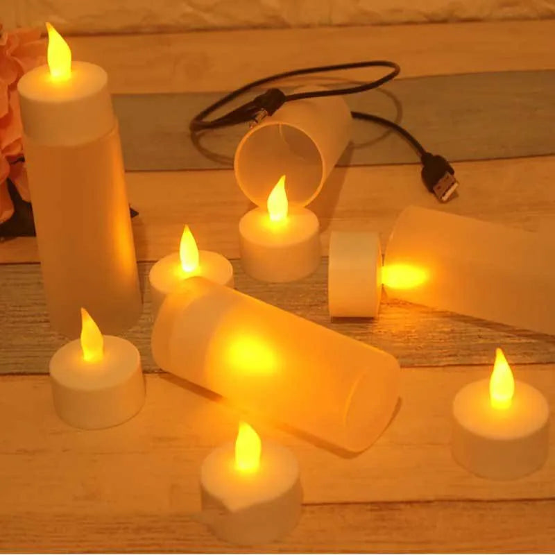 White plastic USB rechargeable LED candle lamp with flickering flame effect on wooden table