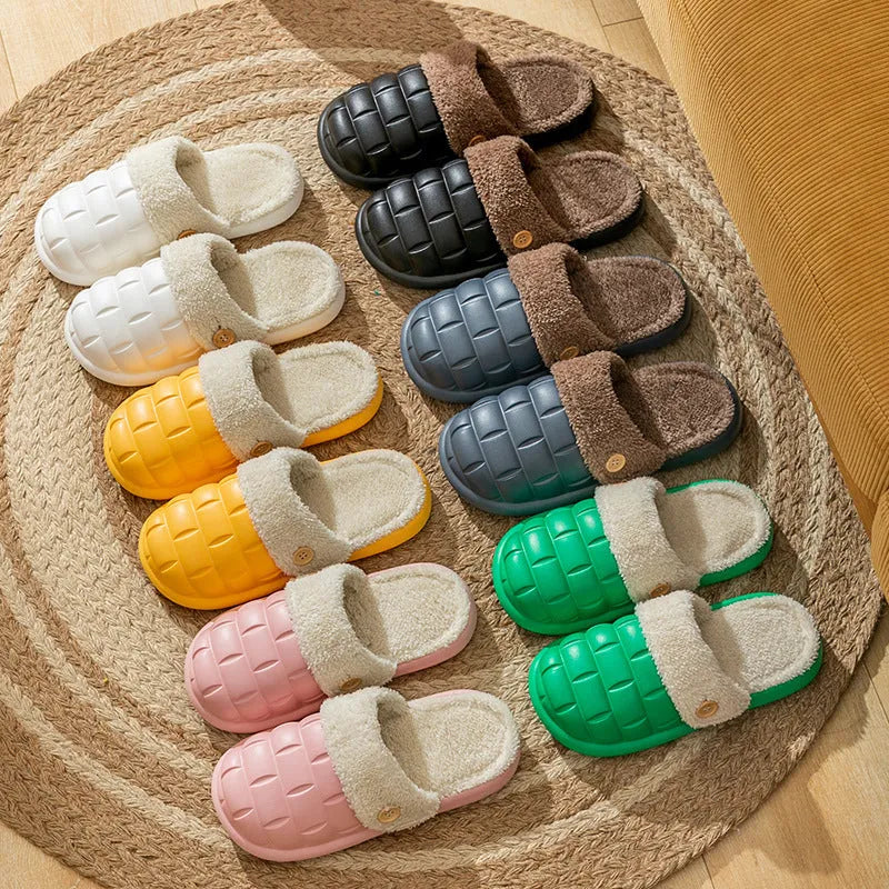 Plaid detachable slippers with anti-skid soles and plush lining in pink, green, yellow, white, grey, or black