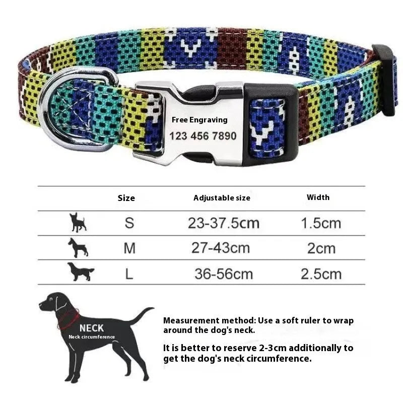 Colourful canvas dog collar with semi-metal buckle in striped floral pattern