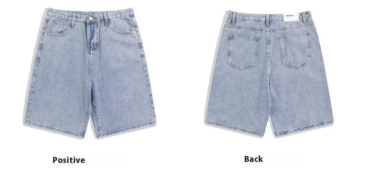 Men's light blue straight-leg denim shorts with a mid-rise waist and zip fly on a plain background.