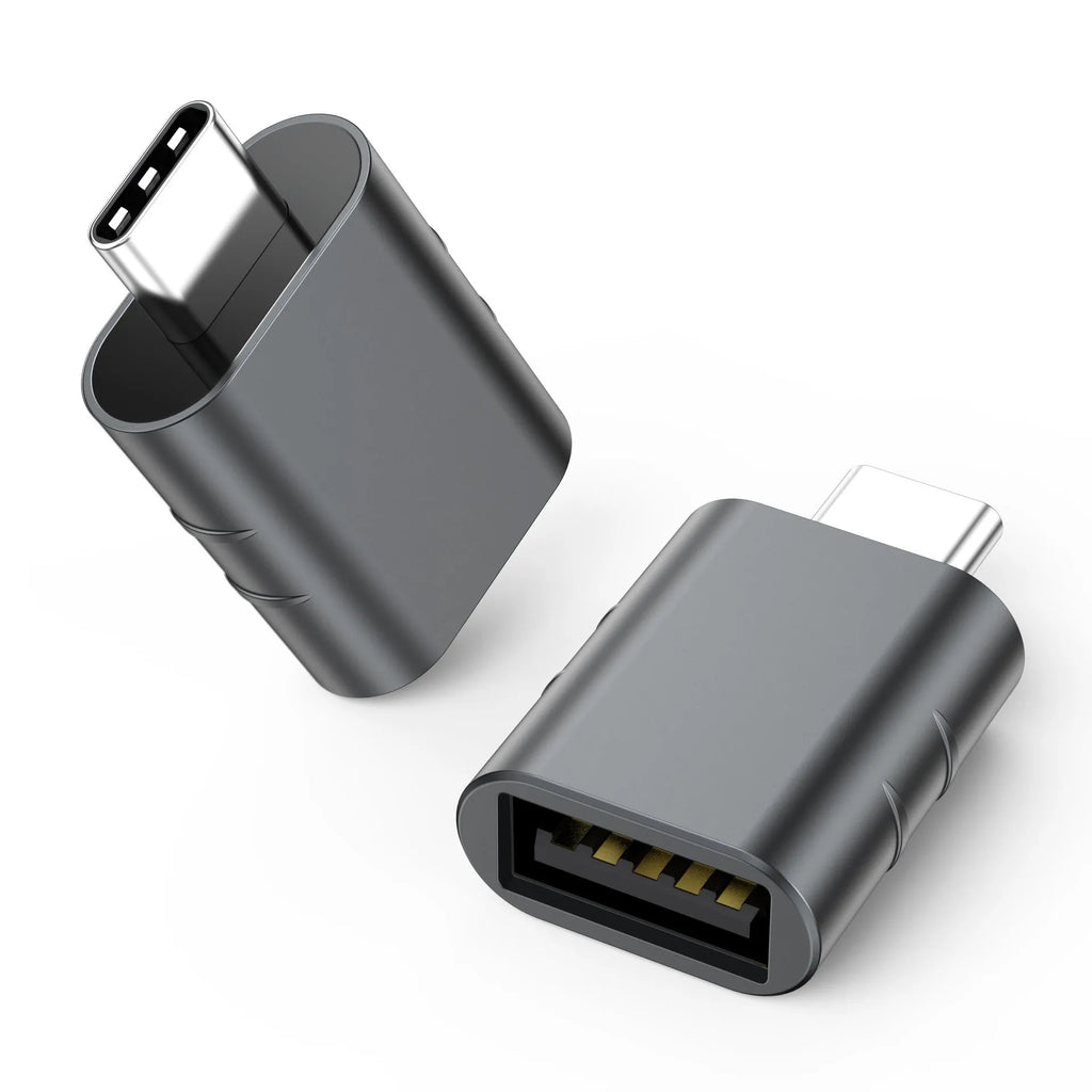 USB-C to USB-A converter with metallic zinc alloy shell in Space Grey finish.