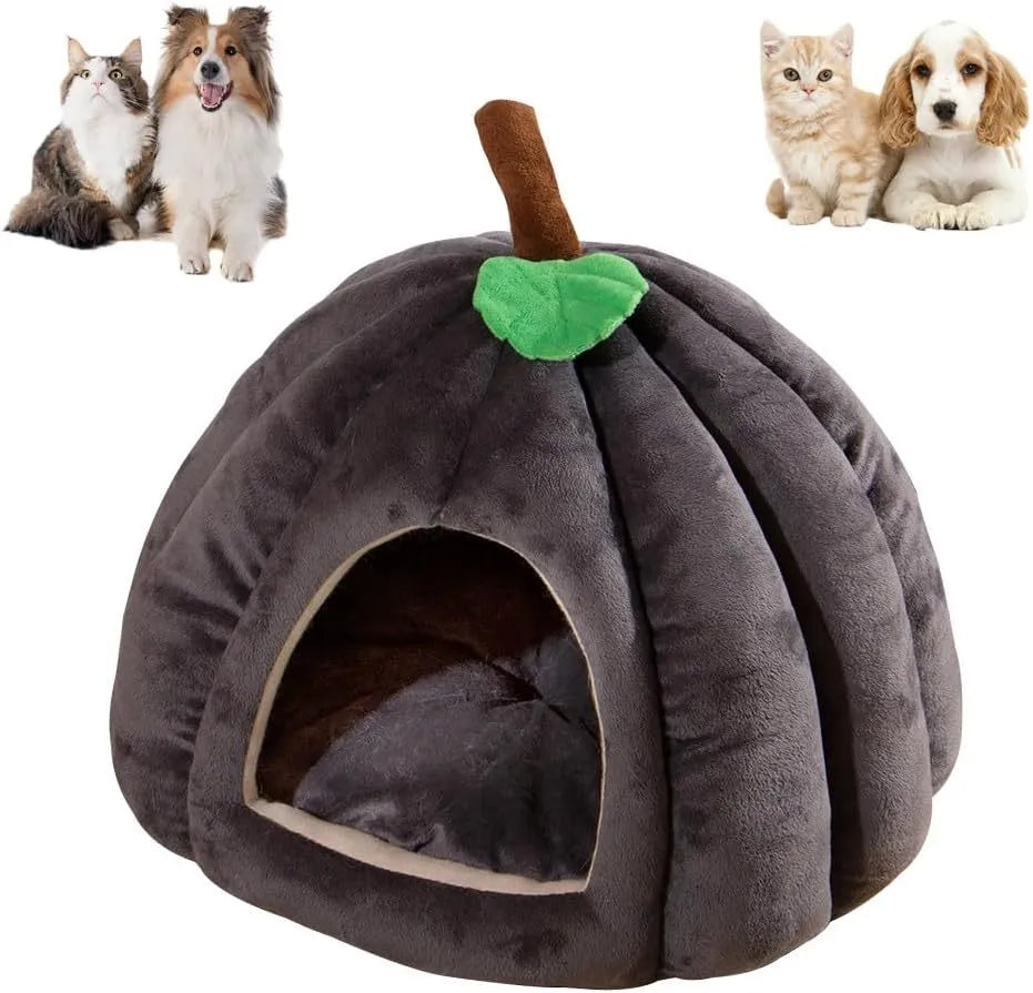 Grey pumpkin-shaped semi-enclosed cat cave bed with a round entry hole on a wooden floor.