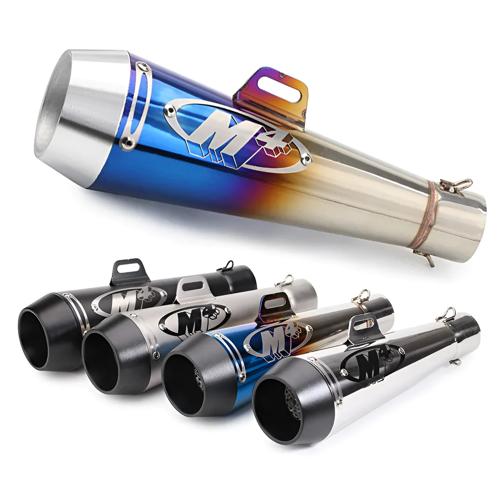 Universal M4 motorcycle exhaust pipe in black, titanium, blue and white steel finishes.