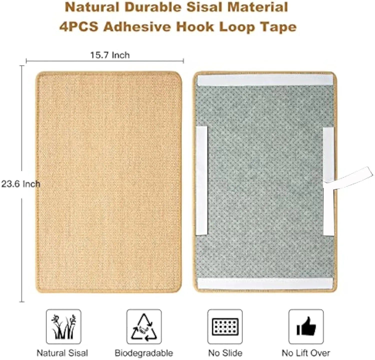 Natural sisal cat scratch pad with adhesive hook loop tape placed on floor, showing textured surface and tape backing