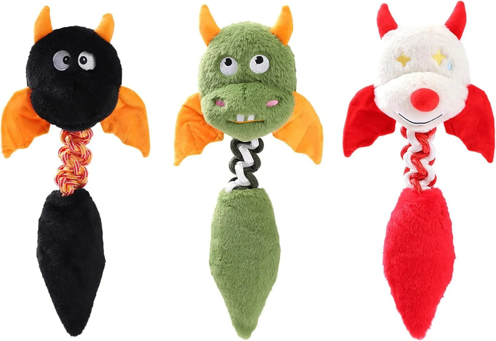 Plush cartoon dog toy with rope knot, shown in assorted colours for large dogs.