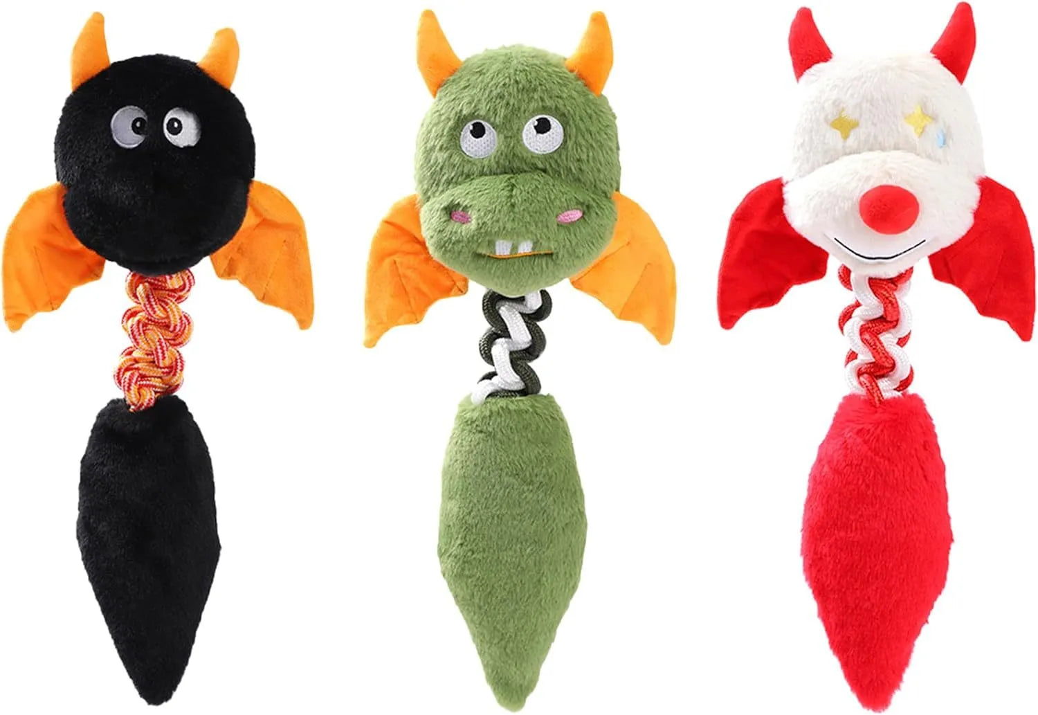 Plush cartoon dog toy with rope knot, shown in assorted colours for large dogs.