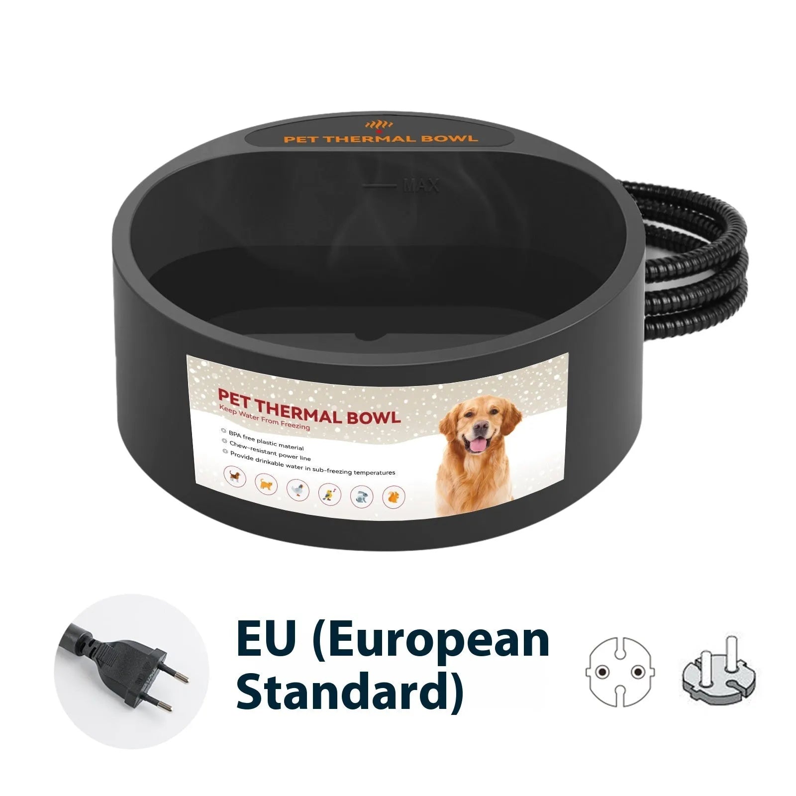 Black ABS plastic electric pet heating bowl with 2.2L capacity on a kitchen floor.