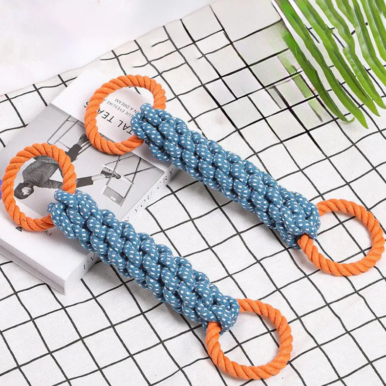 Blue braided cotton bone rope dog toy with double rings for interactive play