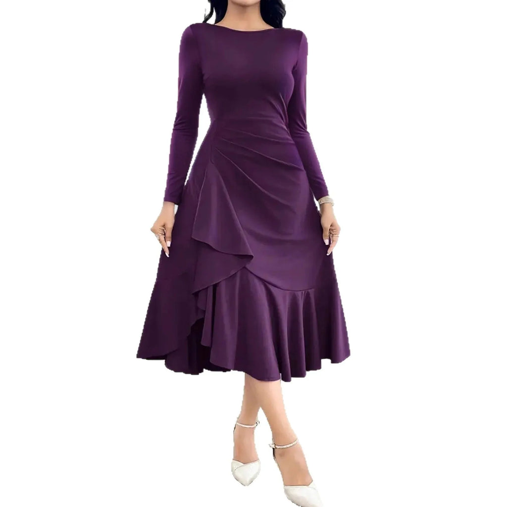 Purple women's long sleeve dress with ruffled detail and a mid waist.