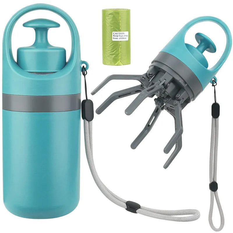 Blue plastic dog pooper scooper with eight-claw shovel and built-in bag dispenser
