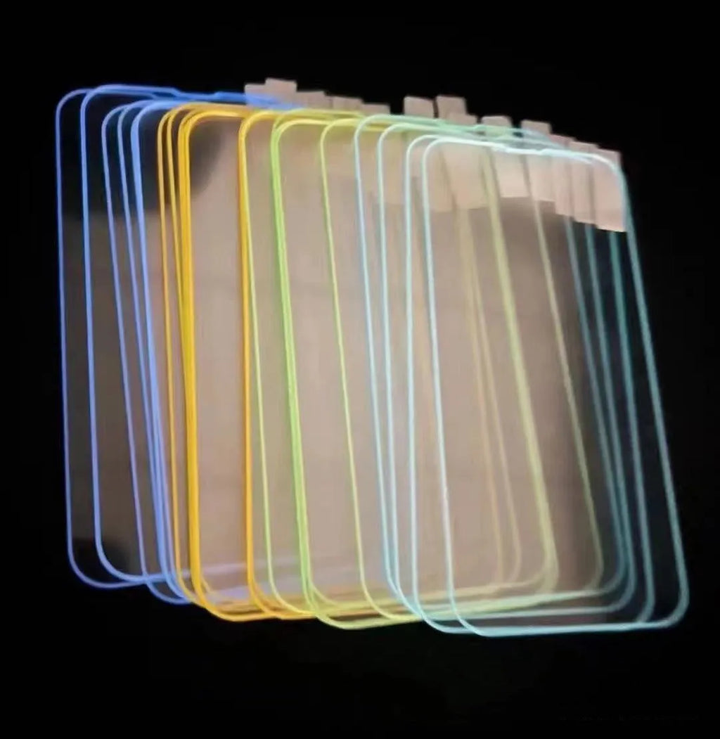 Fluorescent tempered glass full cover screen protector for iPhone in pink, yellow, green, blue, and grass green colours.