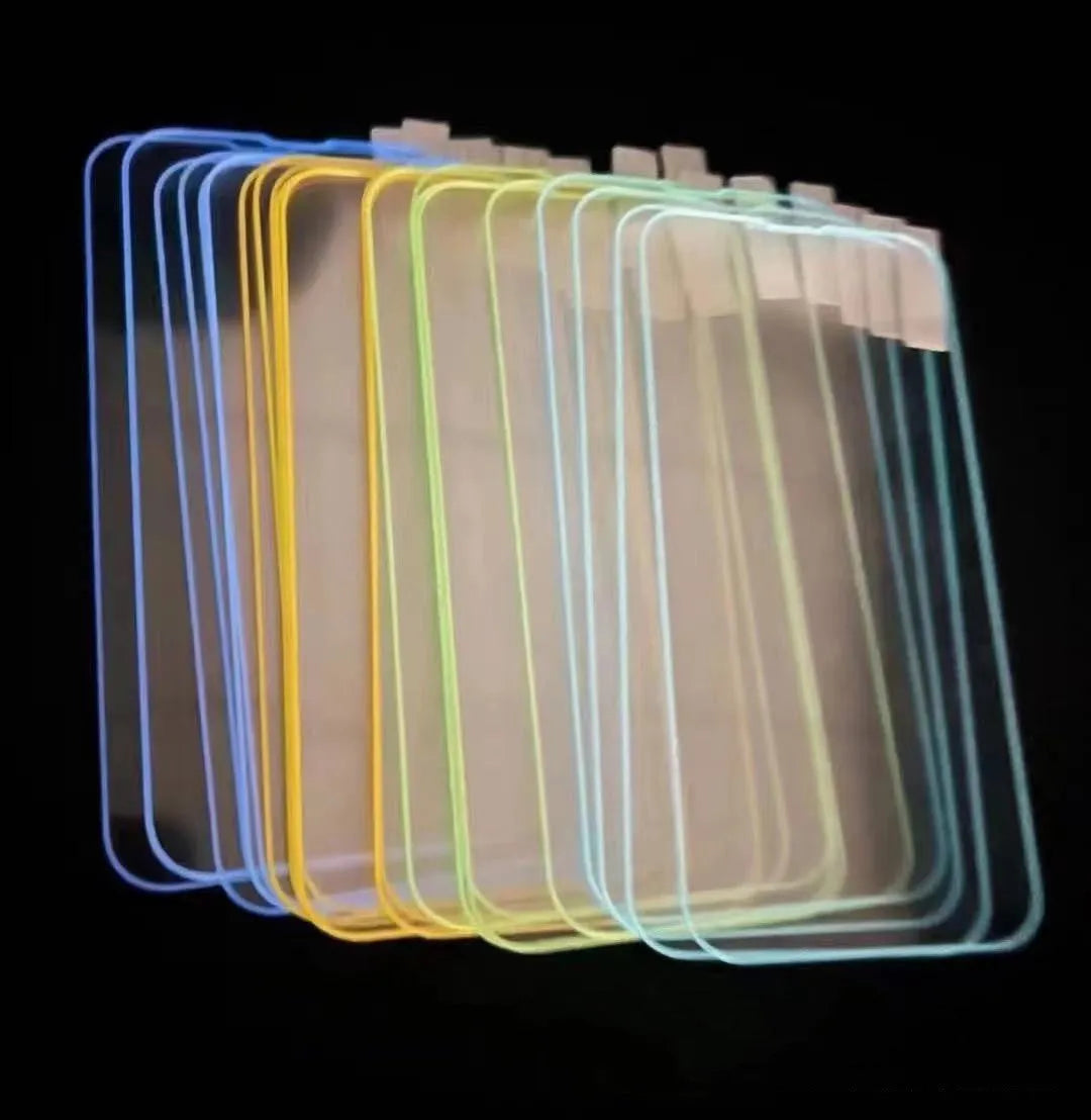 Fluorescent tempered glass full cover screen protector for iPhone in pink, yellow, green, blue, and grass green colours.