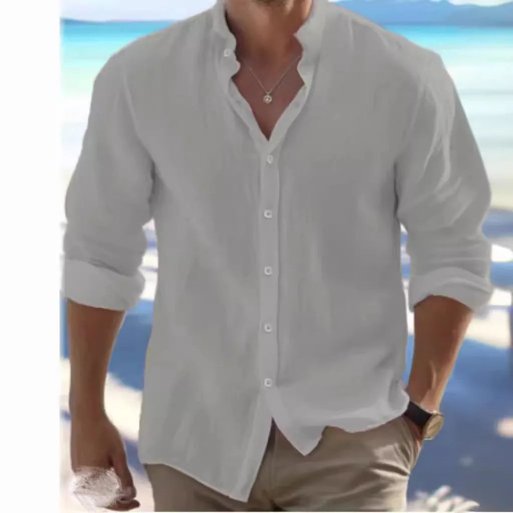 Men's light grey long-staple cotton casual beach shirt with collaged stitching detail.