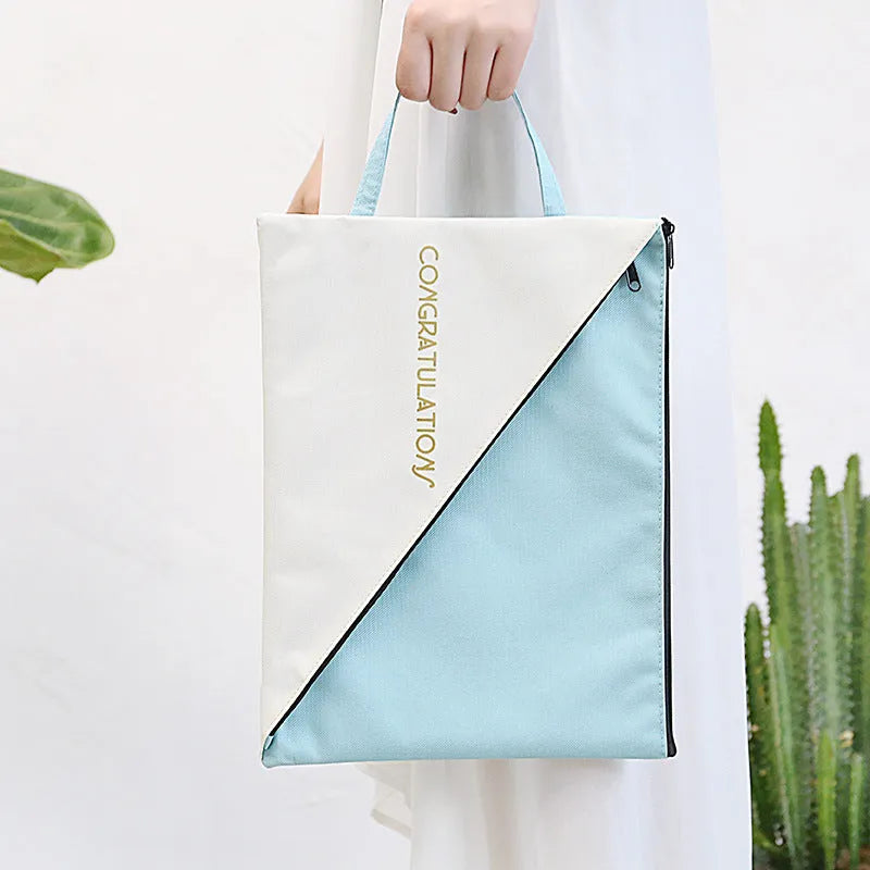 Blue Oxford cloth zipper document storage bag for student test papers.